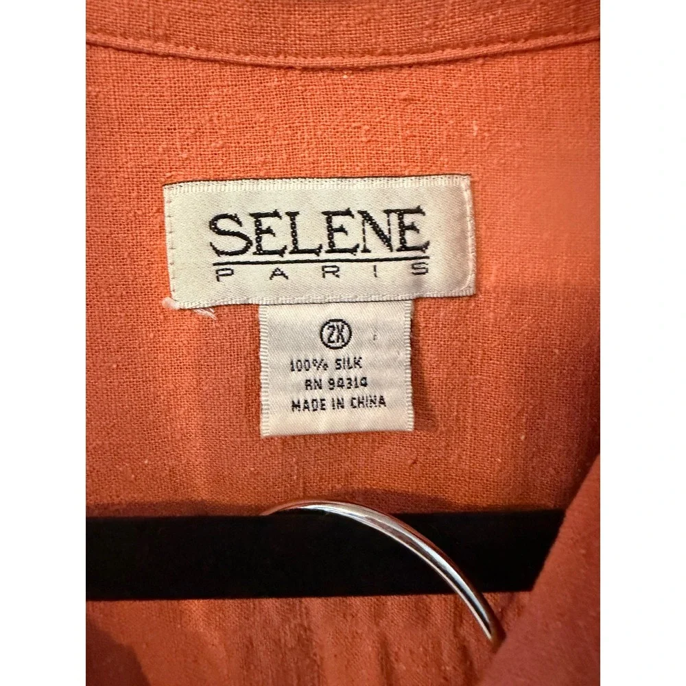 Selene Paris 100% Silk 2 Piece Set Womens 2X Coral Orange Shirt & Pants Suit
